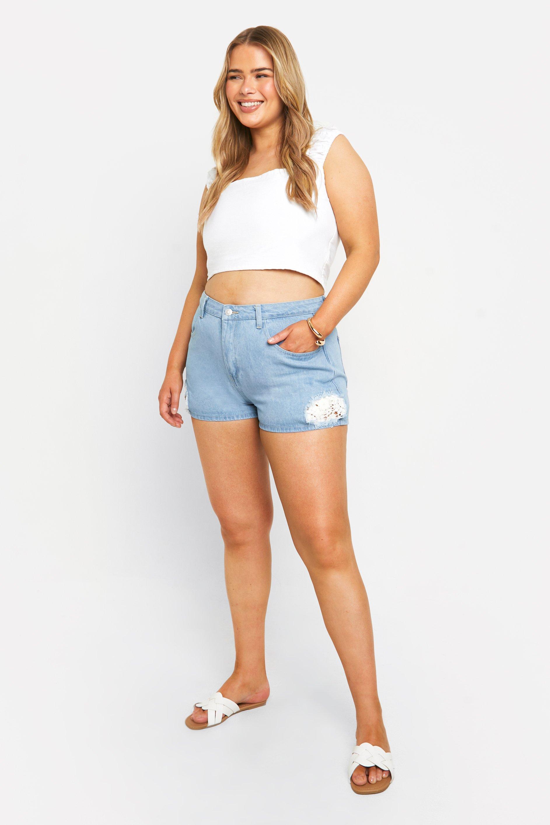 Crochet denim shorts deals